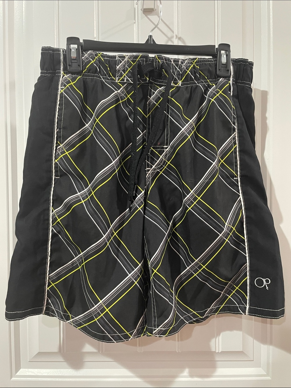OP Men’s Black Plaid Board Shorts with Yellow and White Accents